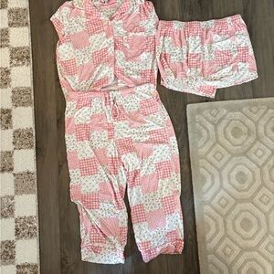 Brand New - Women’s Pink Patchwork Cotton Pajama Set with Shorts and Pants